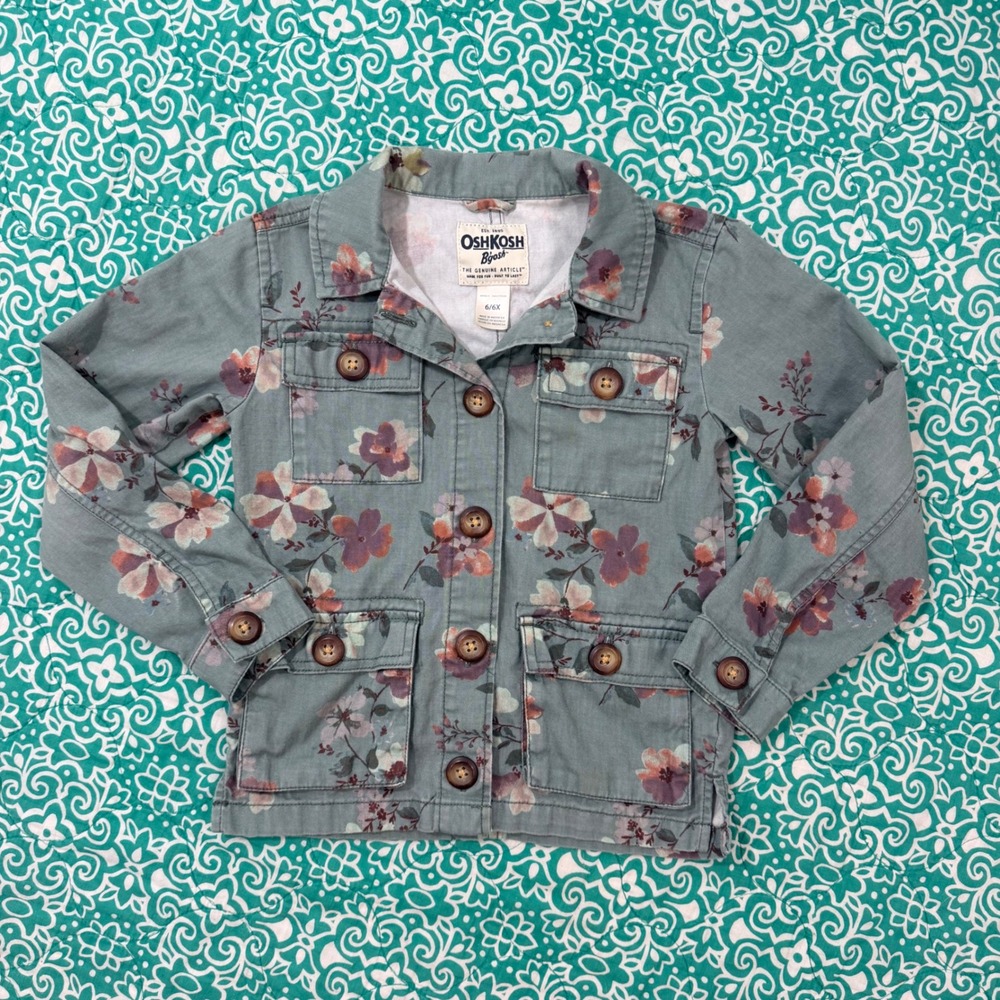 OshKosh Bgosh Girls Floral Utility Jacket Sage Green Cotton Size 6/6X